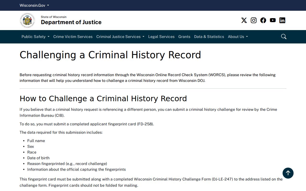 Green Lake County arrest history fingerprint challenge process