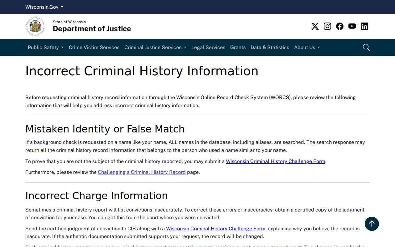 Green Lake County arrest record incorrect history guidance