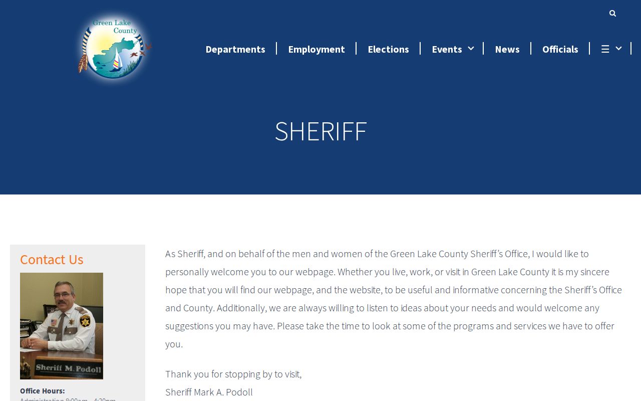 Green Lake County arrest history Sheriff records page