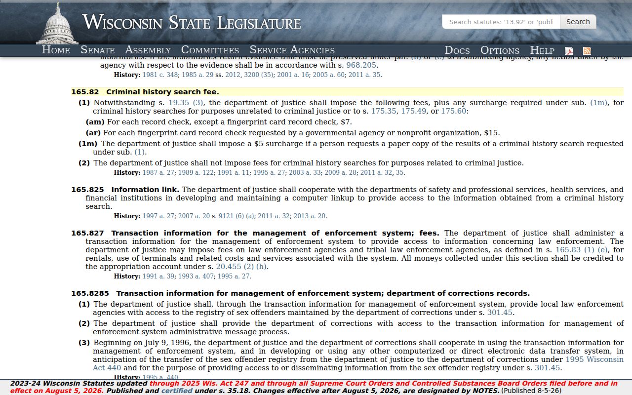 Green Lake County criminal history search fee statute for Green Lake records