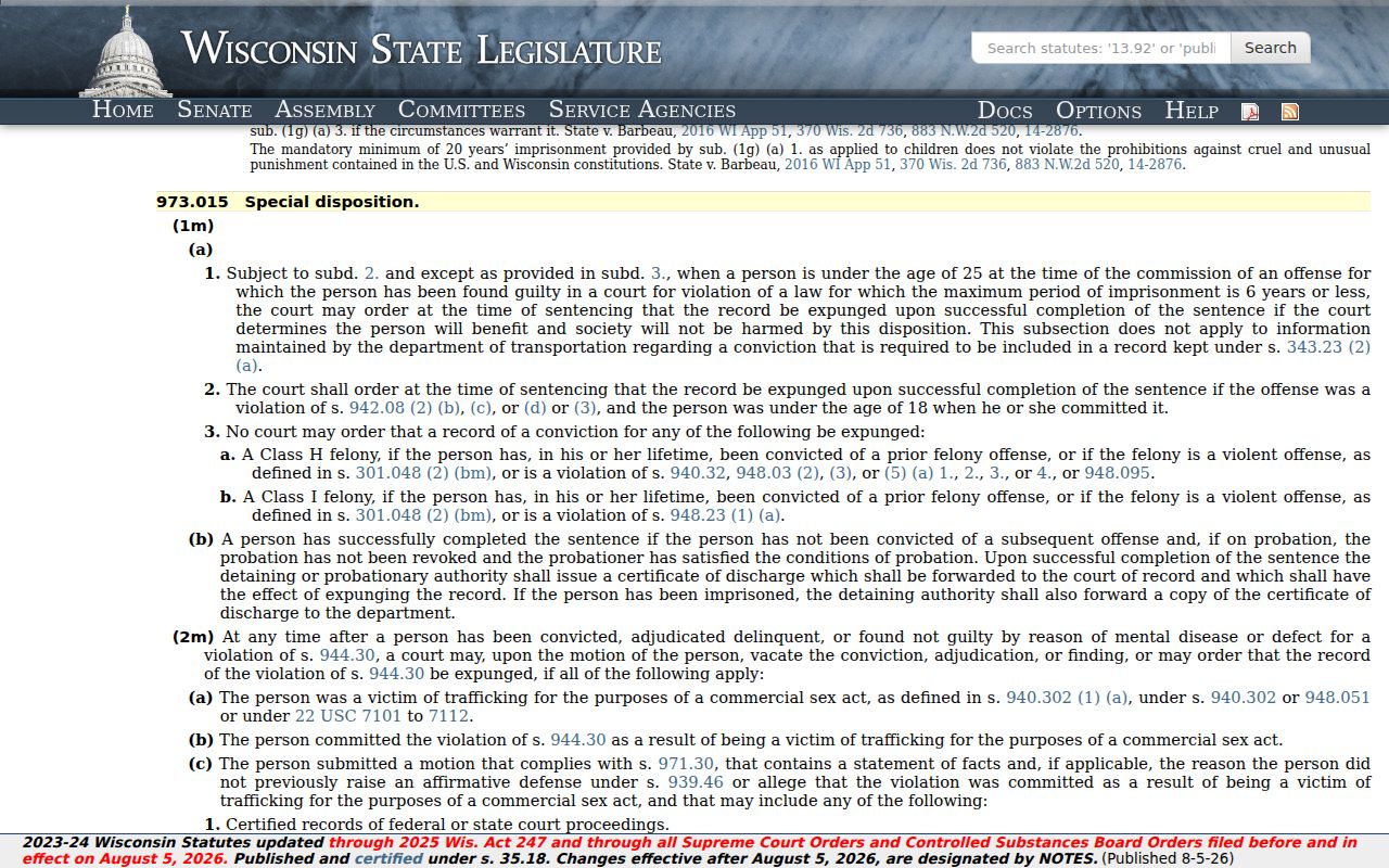 Green Lake County criminal record expungement statute for Green Lake cases