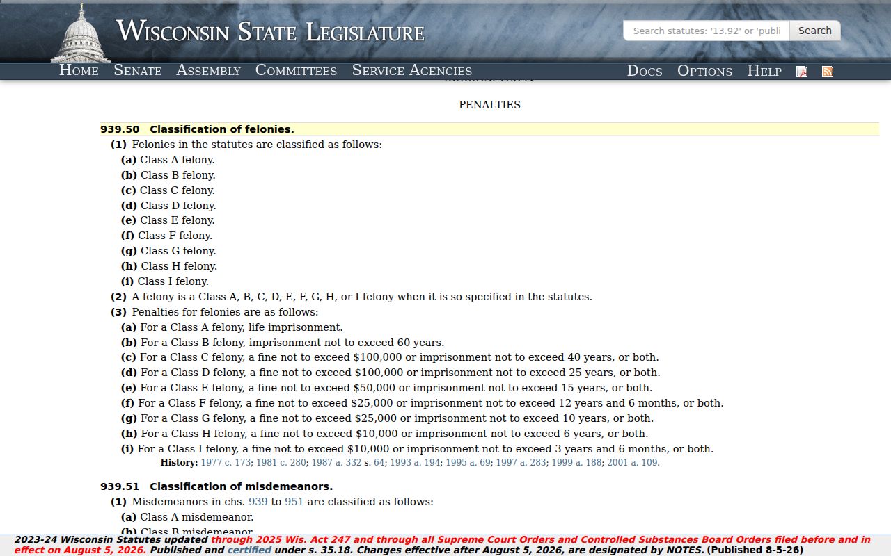 Green Lake County criminal records and Wisconsin felony classifications
