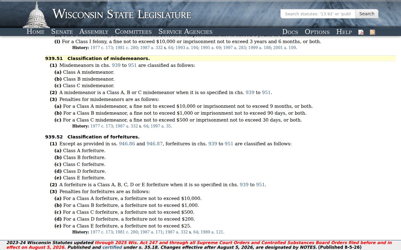 Green Lake County criminal records and Wisconsin misdemeanor classifications