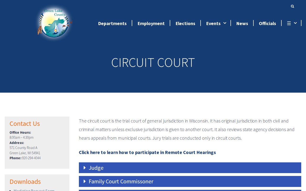 Green Lake County criminal court cases Circuit Court branch page