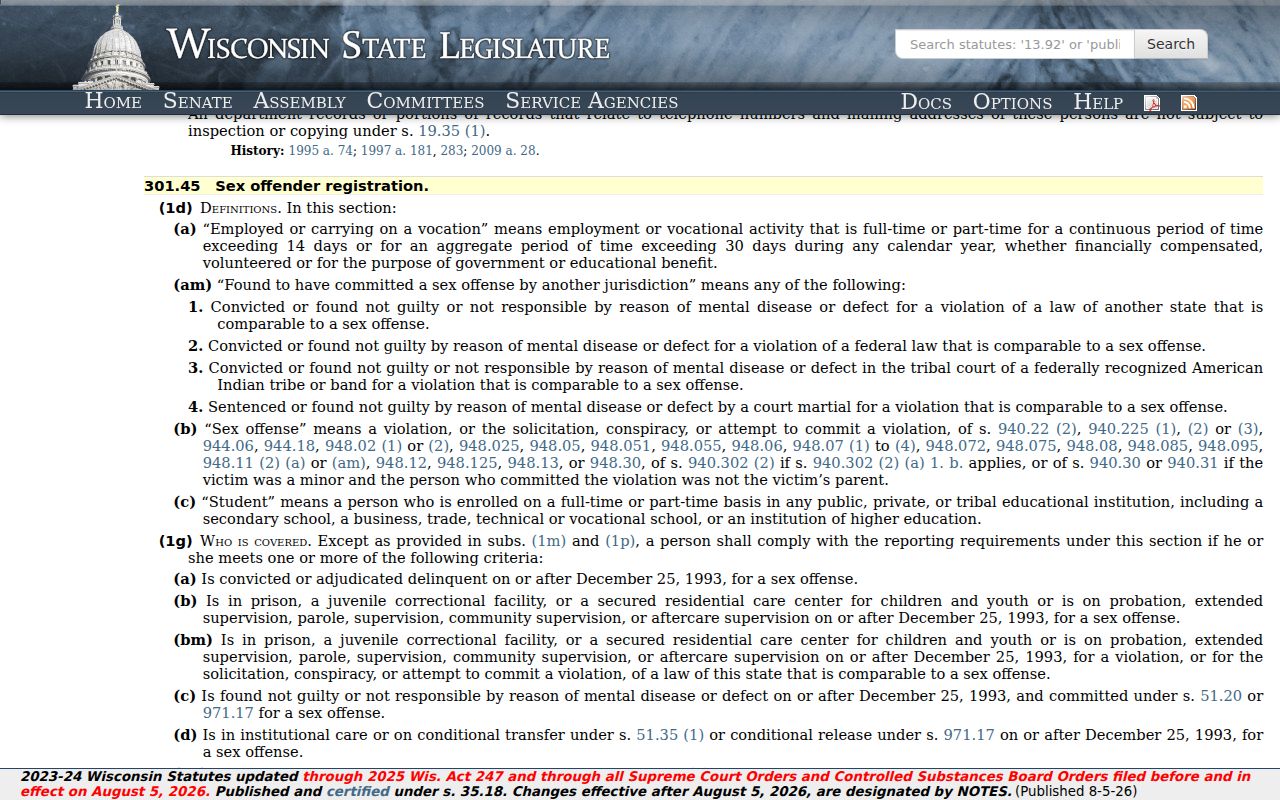Green Lake County sex offender registration statute source