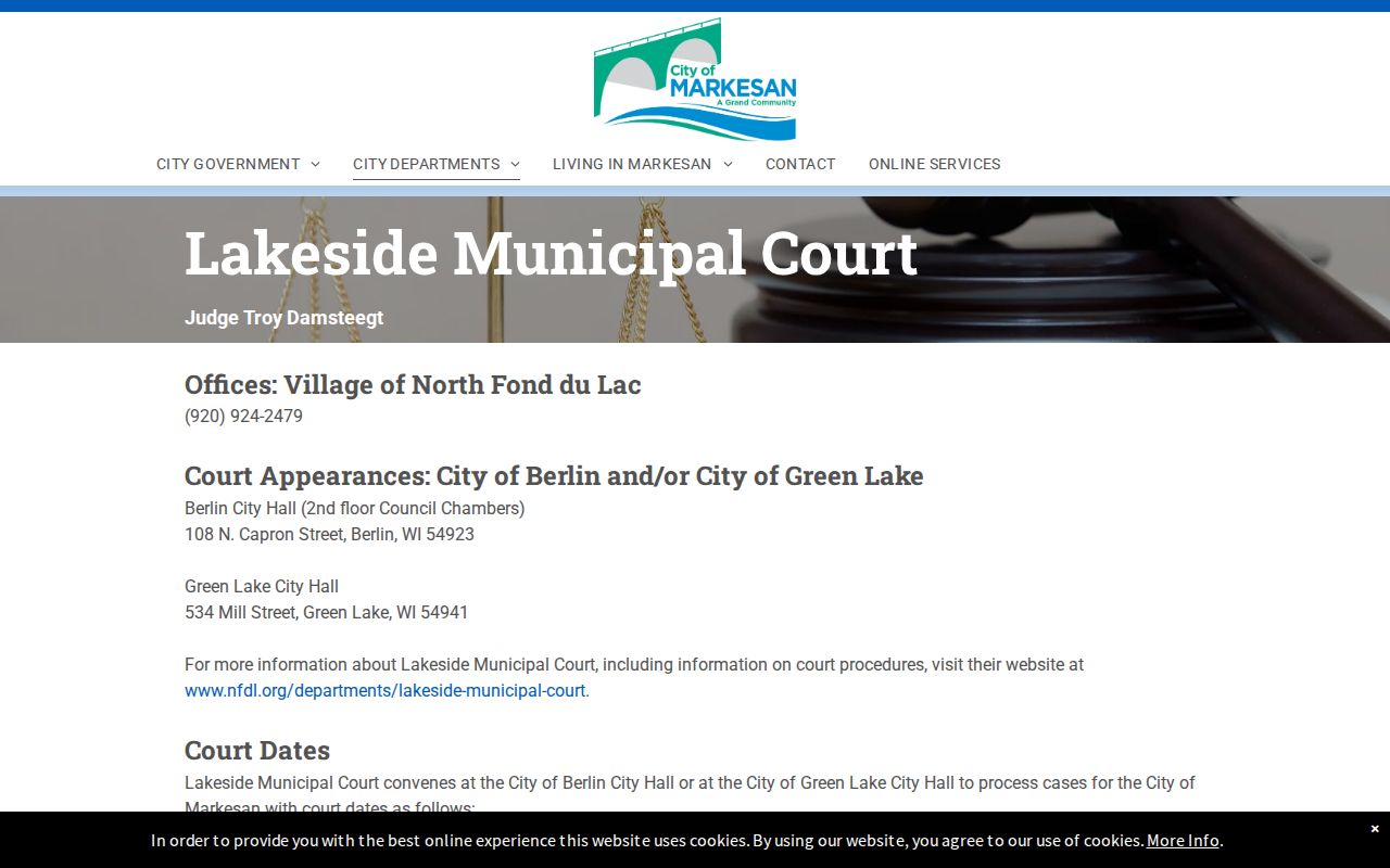 Green Lake County criminal records information for Markesan and Lakeside Municipal Court