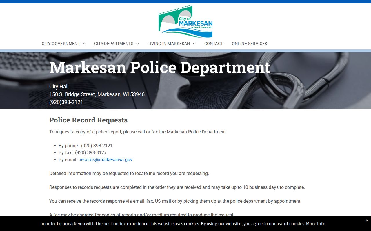 Green Lake County criminal records request instructions for Markesan Police