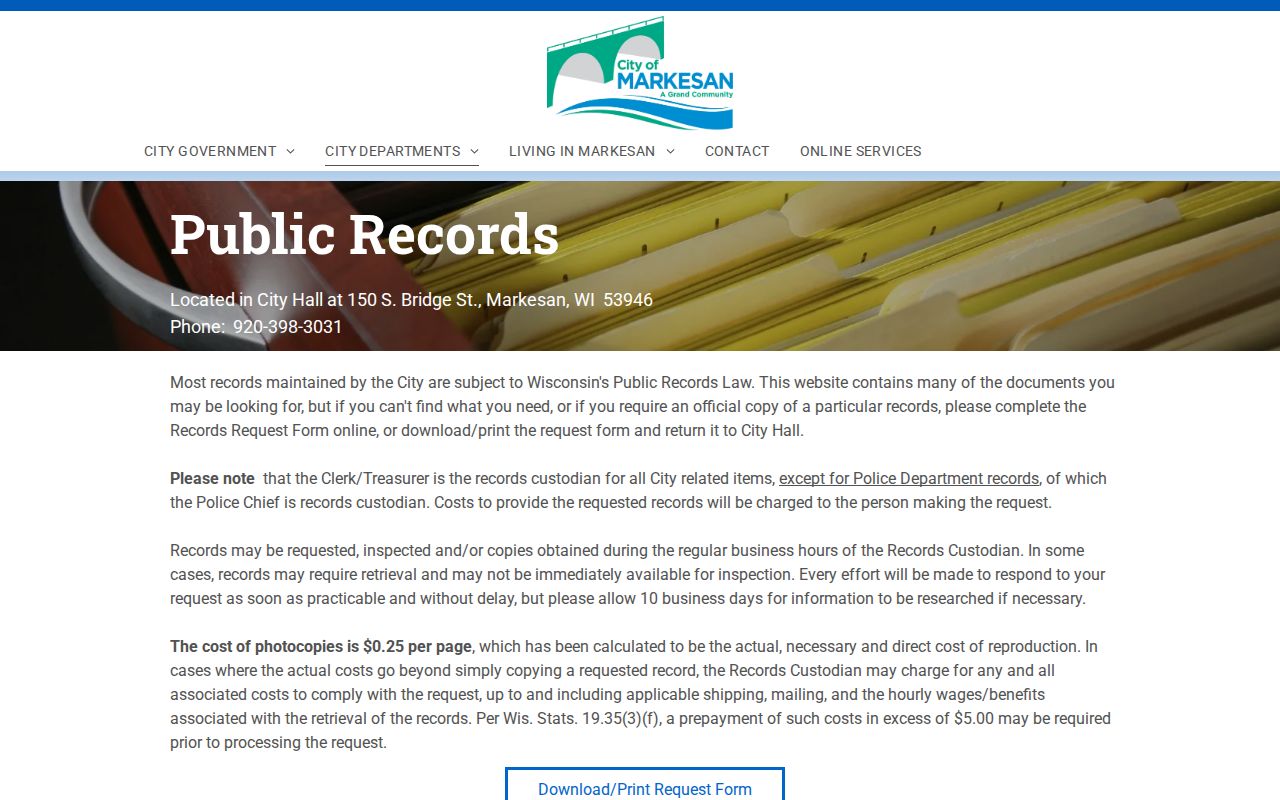 Green Lake County criminal record fields on the Markesan public records form